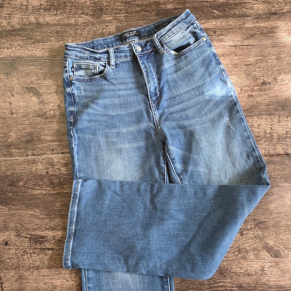 JUDY BLUE Dad Jean Women 9/29 Blue High Rise Distressed Straight Leg JB88531